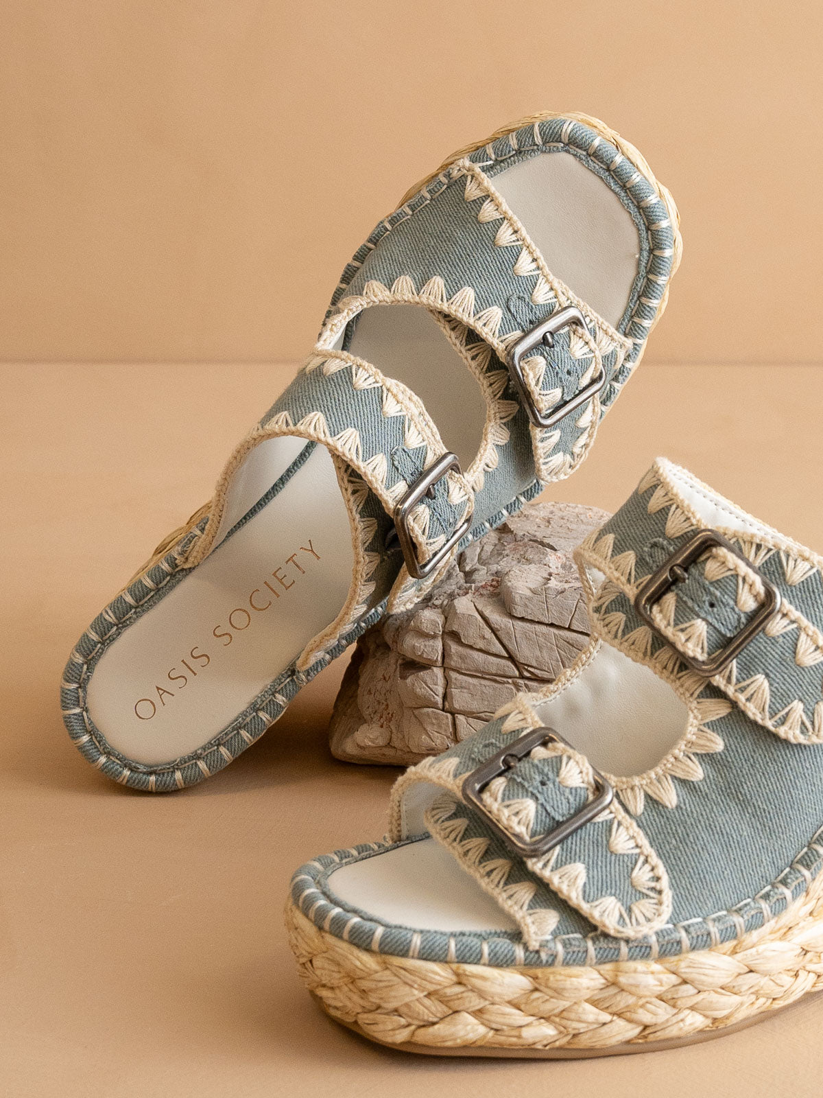 The Rae | Slate Blue Embroidered Espadrille Wedges With Double Buckle Straps