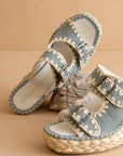 The Rae | Slate Blue Embroidered Espadrille Wedges With Double Buckle Straps