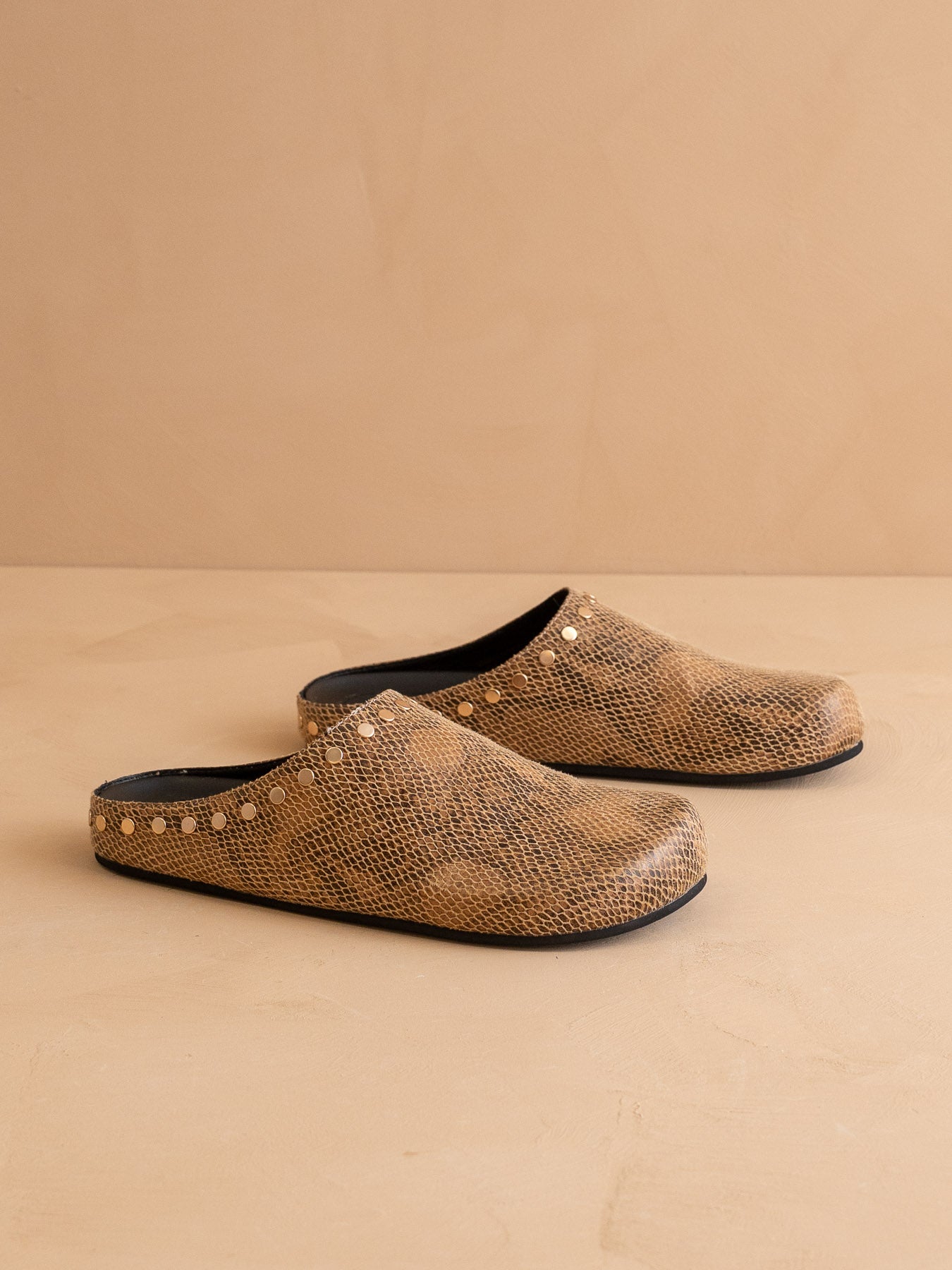 The Robin | Taupe Snake Studded Suede Mule