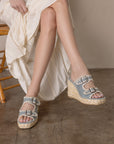 The Rae | Slate Blue Embroidered Espadrille Wedges With Double Buckle Straps