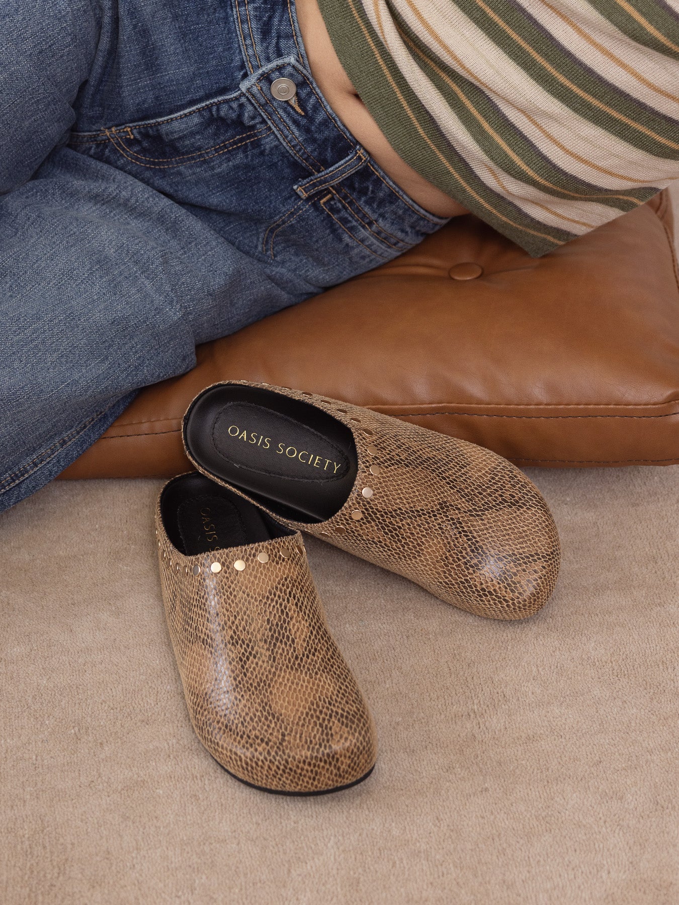The Robin | Taupe Snake Studded Suede Mule