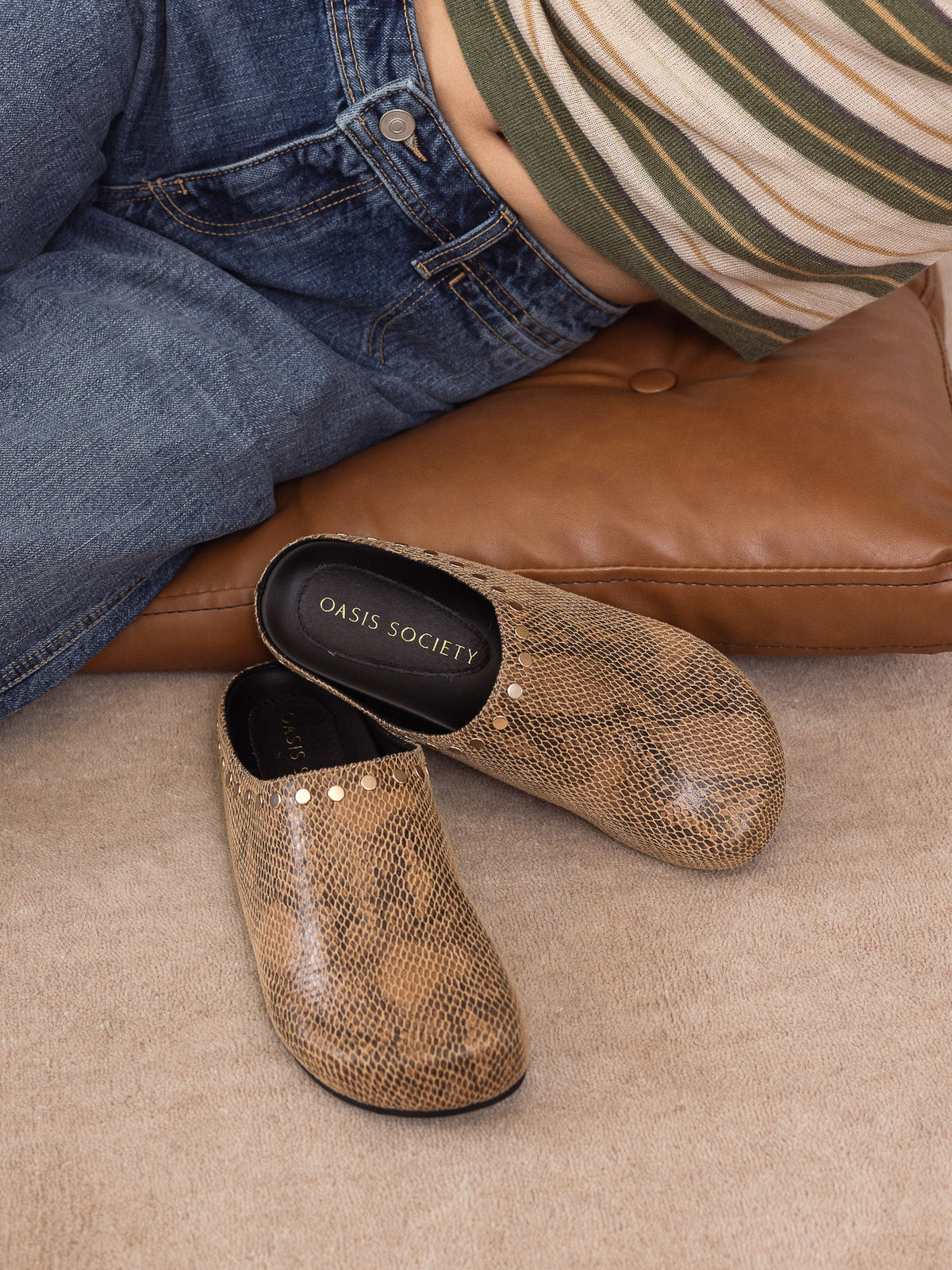The Robin | Taupe Snake Studded Suede Mule