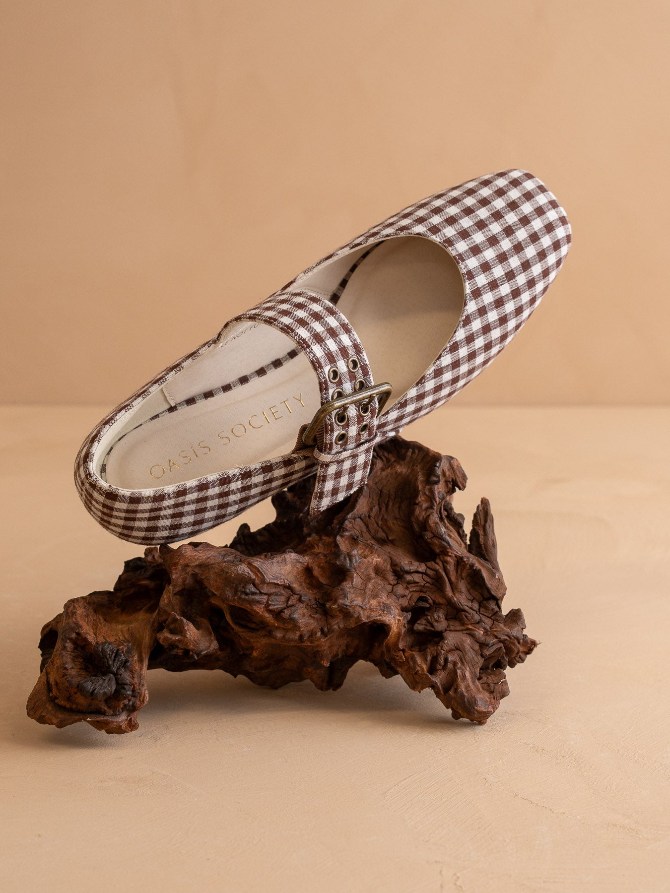 The Soho | Coffee Gingham Ballet Flat with Studded Buckle Strap