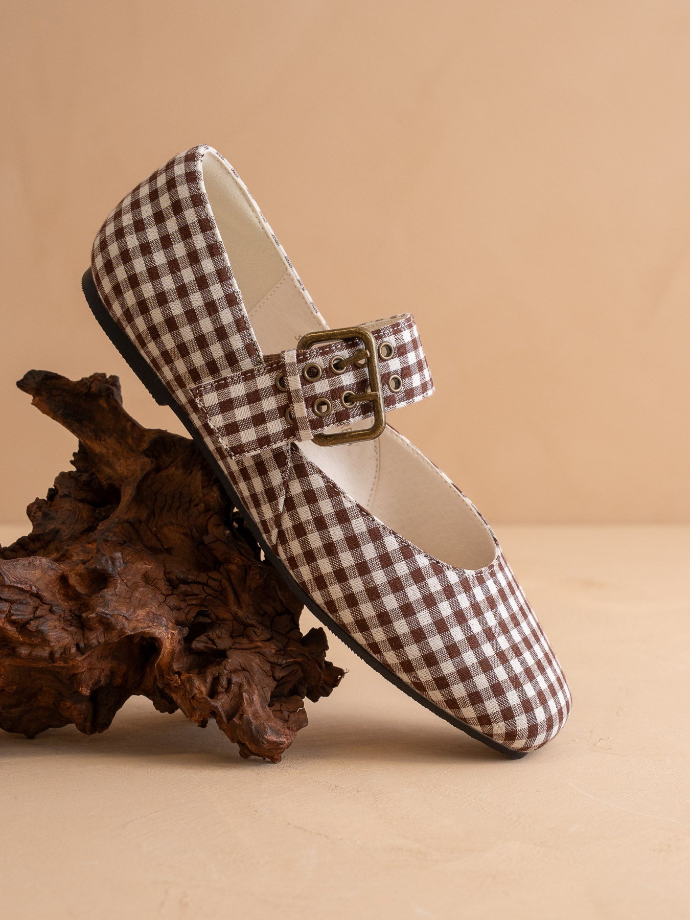 The Soho | Coffee Gingham Ballet Flat with Studded Buckle Strap