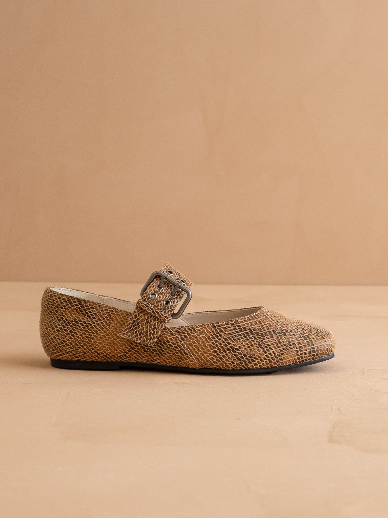 The Soho | Taupe Snake Ballet Flat with Studded Buckle Strap