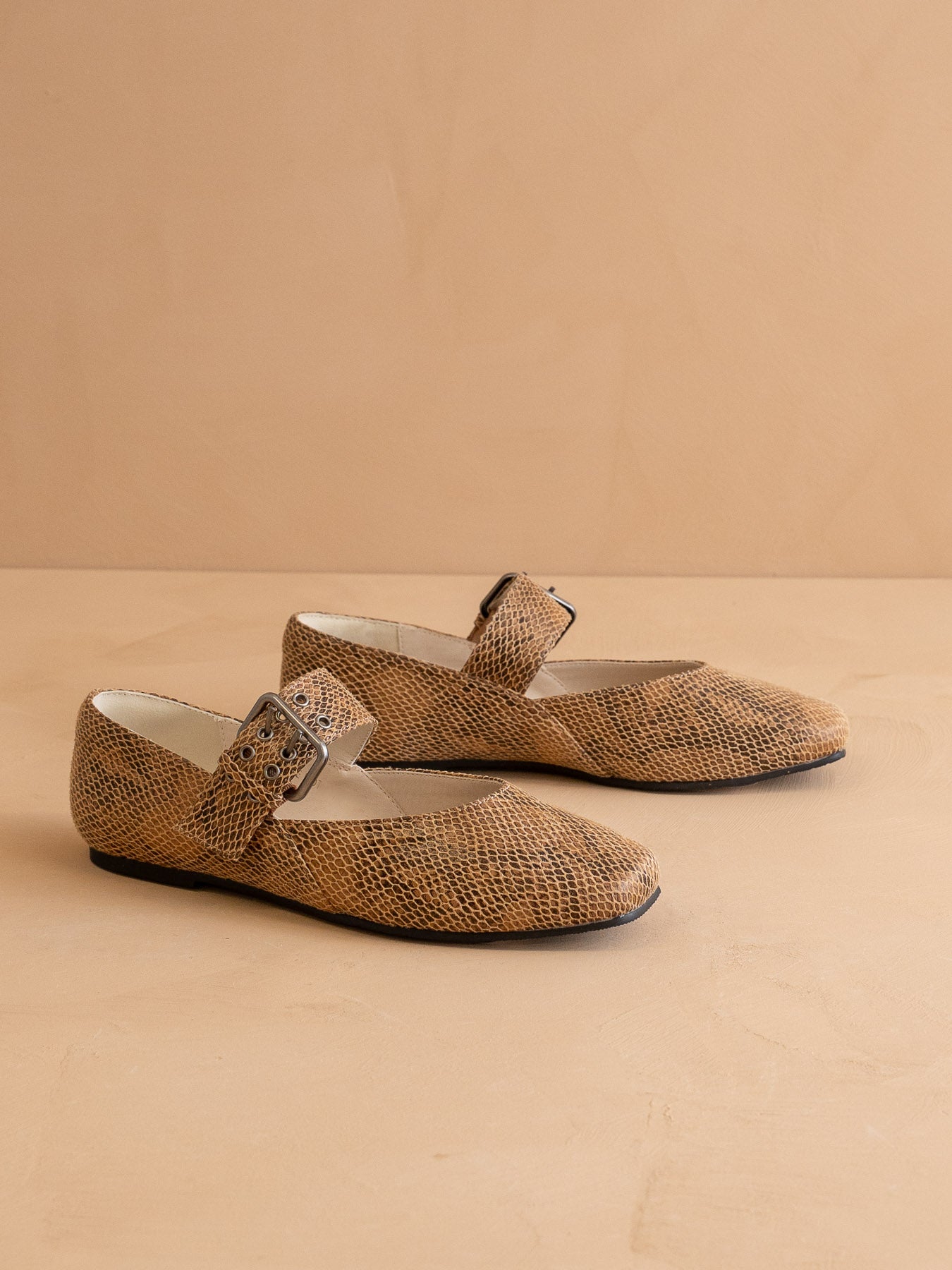 The Soho | Taupe Snake Ballet Flat with Studded Buckle Strap