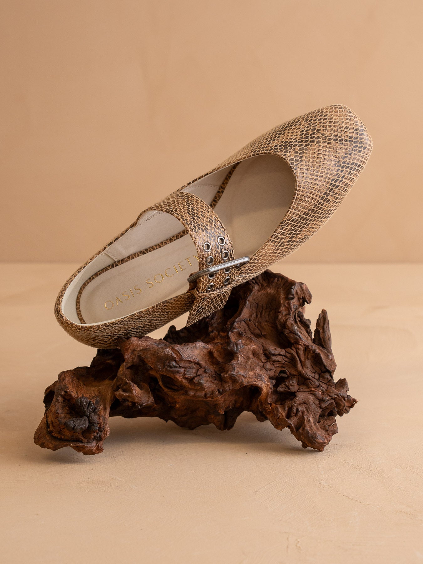 The Soho | Taupe Snake Ballet Flat with Studded Buckle Strap