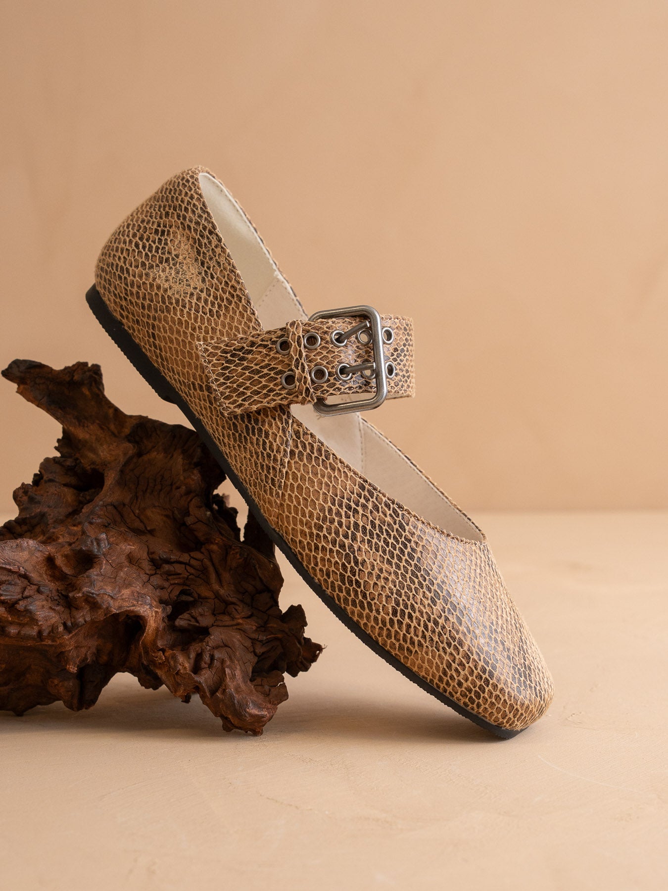 The Soho | Taupe Snake Ballet Flat with Studded Buckle Strap