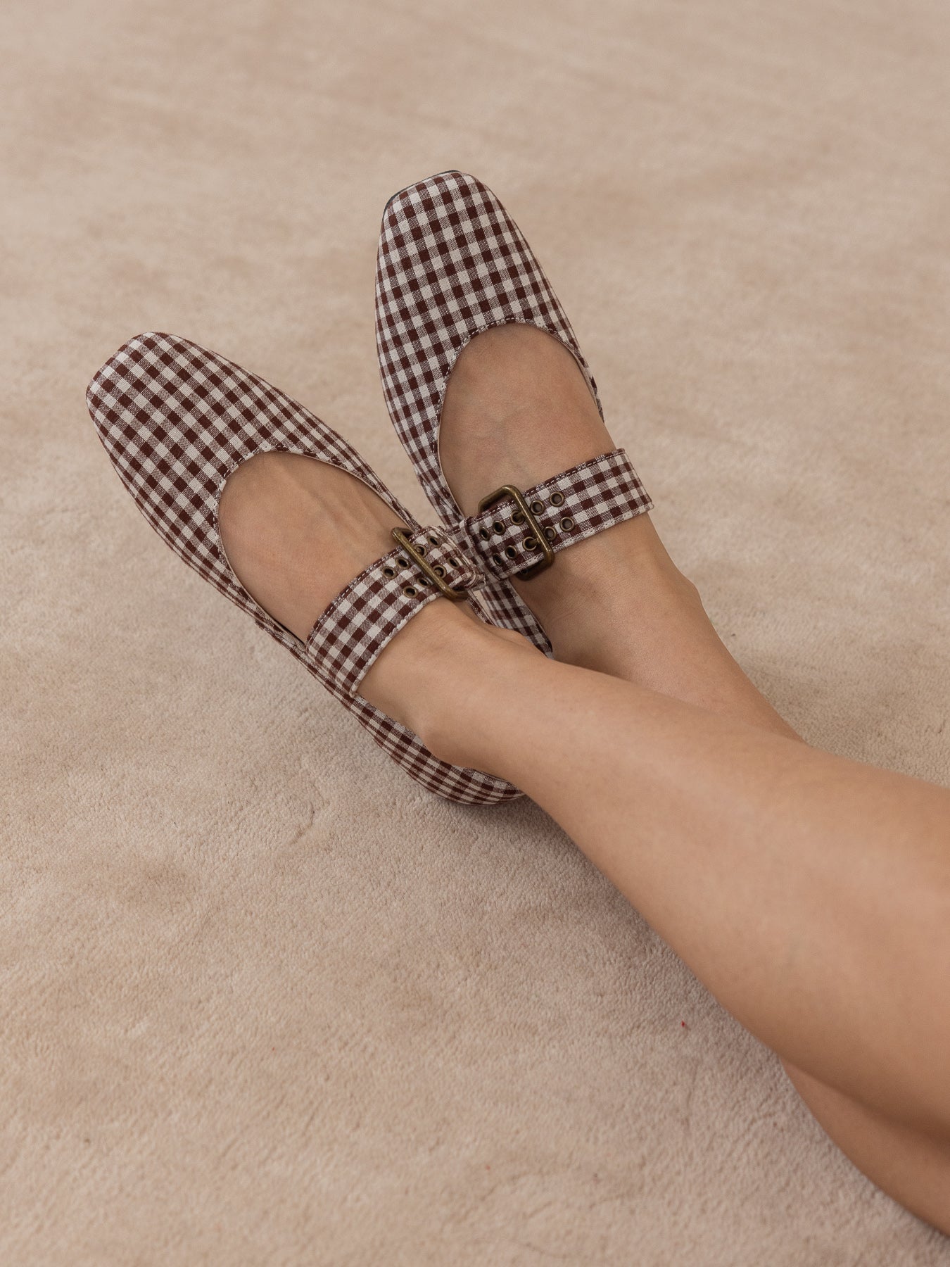 The Soho | Coffee Gingham Ballet Flat with Studded Buckle Strap