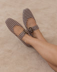 The Soho | Coffee Gingham Ballet Flat with Studded Buckle Strap