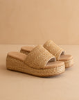 The Taniya | Toffee Embroidered Raffia Platform Slide