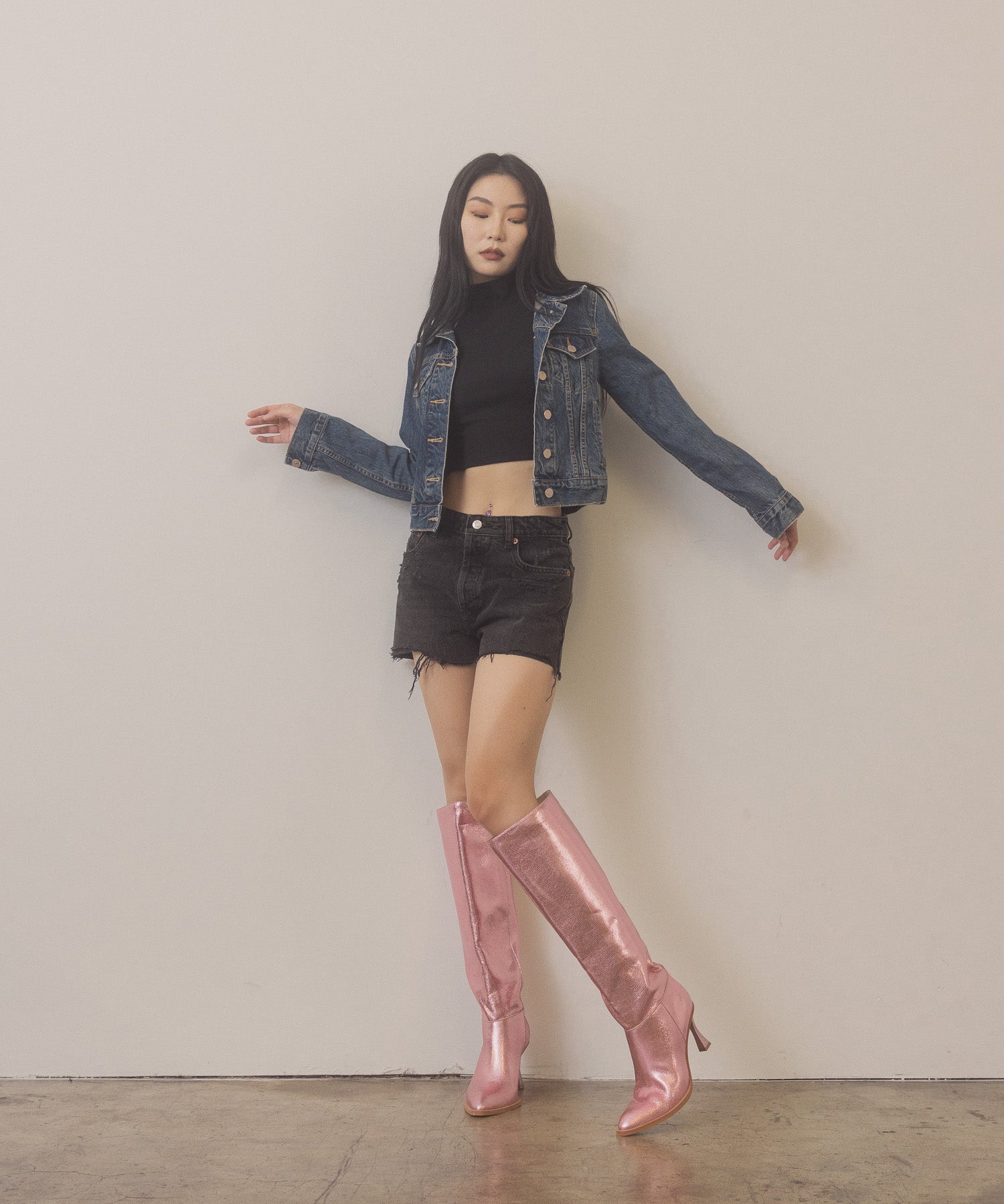 The Vanessa | Metallic Pink  Reptile print knee high boot