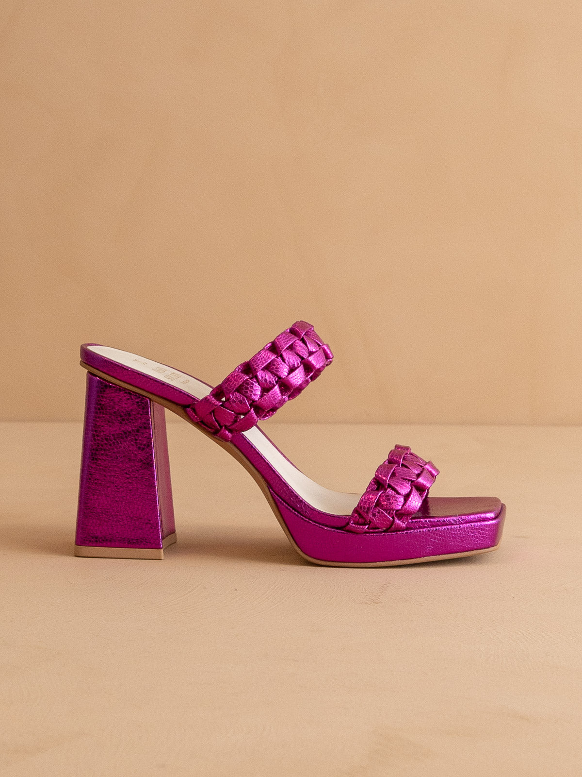 The Zenda | Metallic Pink 
 Braided chunky platform party heel