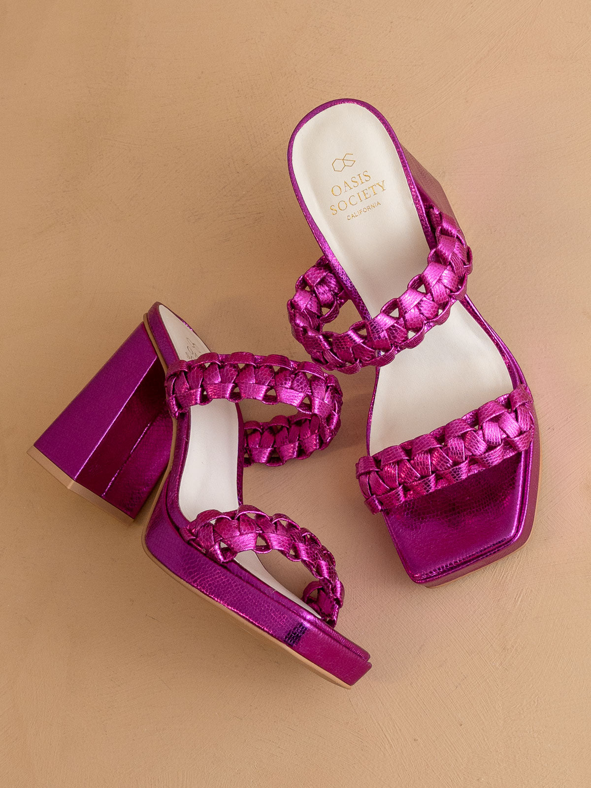 The Zenda | Metallic Pink 
 Braided chunky platform party heel