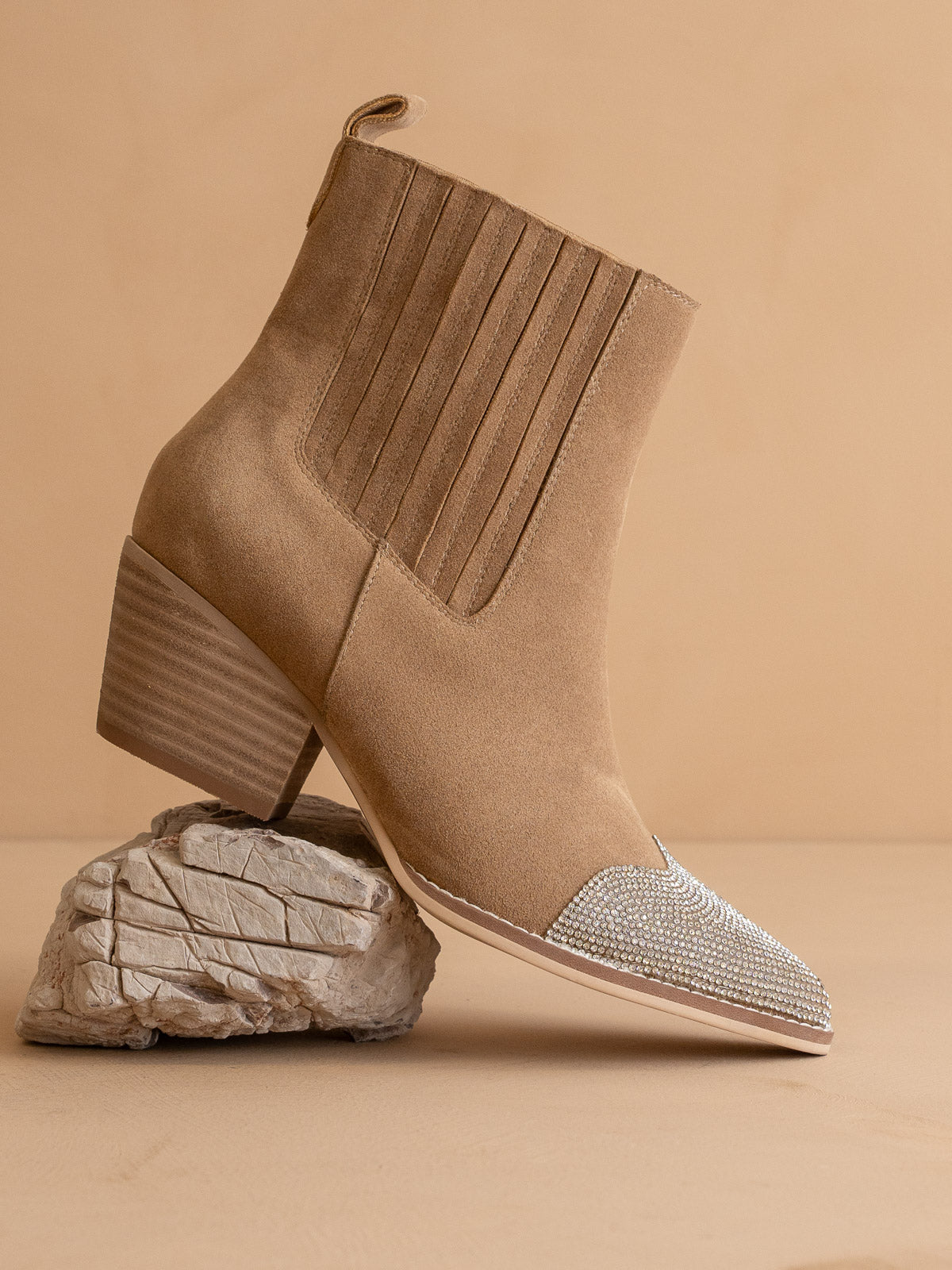 The Zuri | Khaki  Western bootie with rhinestone toe
